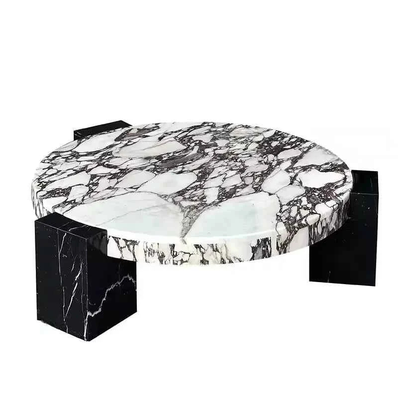 Luxury round Top Coffee Table in 100% Pure Calacatta Viola Marble with Black Marquina Marble Legs for Home Living Room