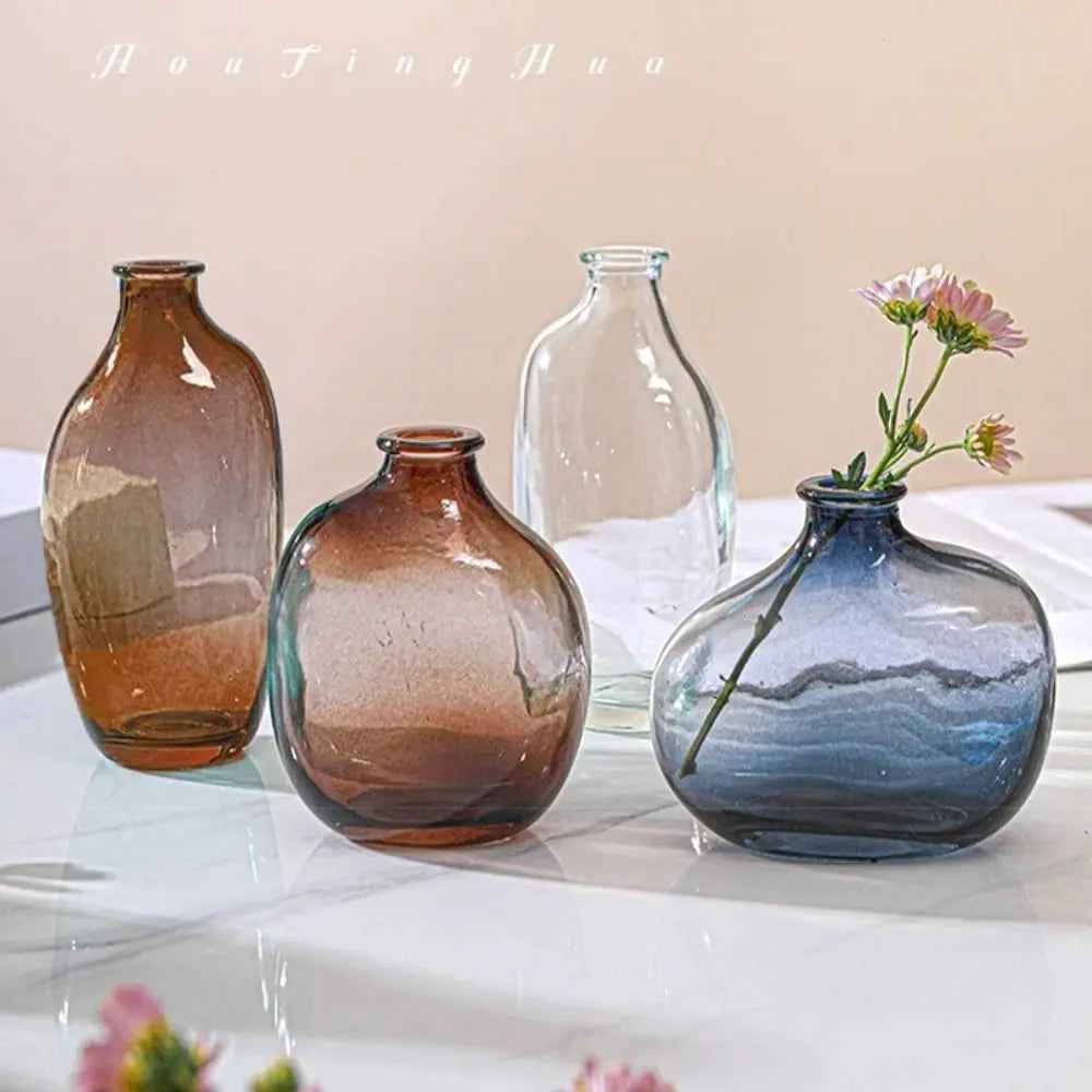 Fashion Retro Flower Vase Glass Mini Irregular Flower Arranger Gradient Color Home Decoration Accessories